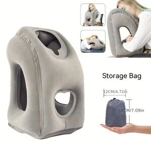Gray Travel Pillow with Storage Bag and mask Inflatable for Comfortable Sleeping